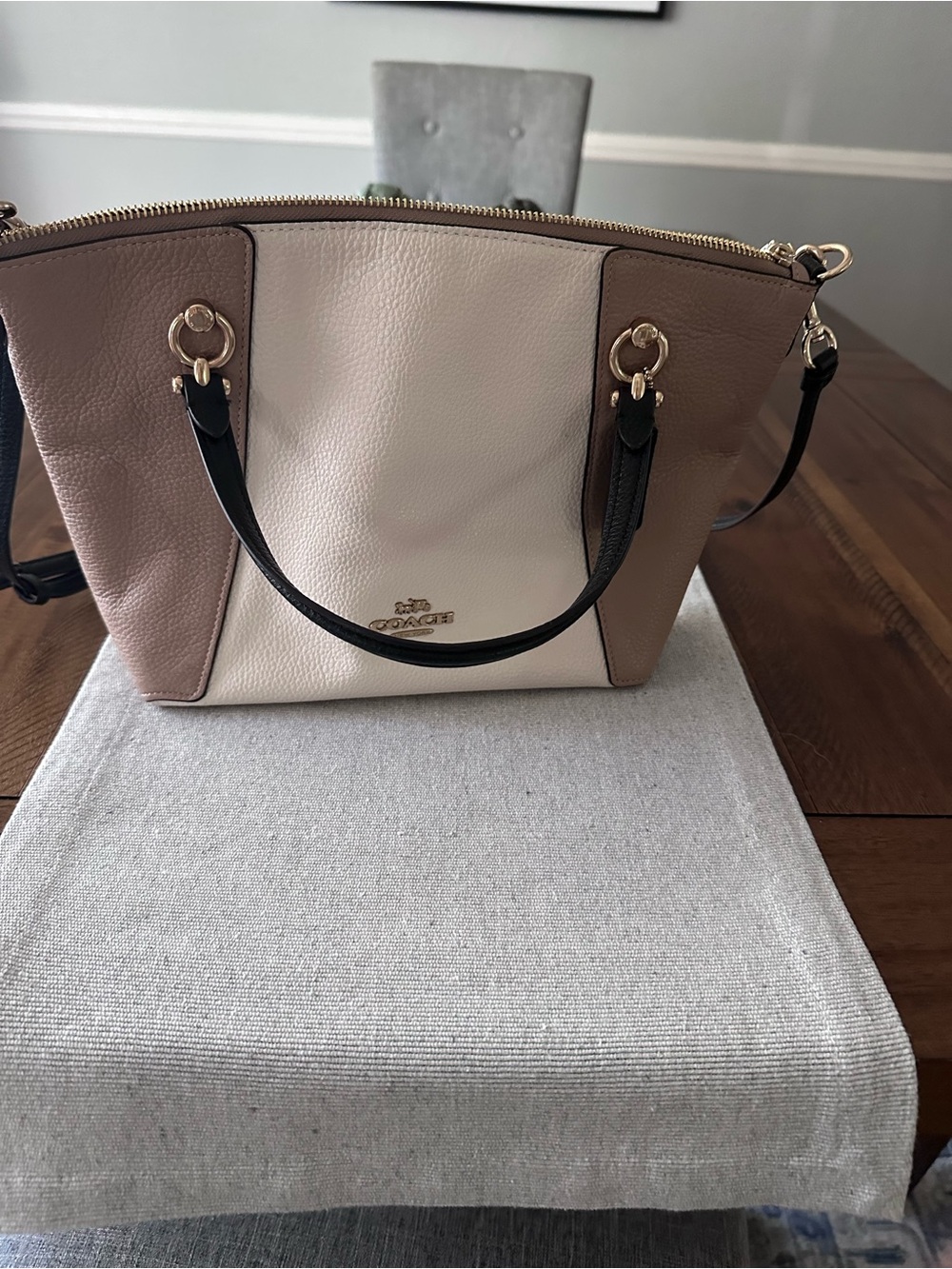 Coach Tricolor Leather Satchel - Tan, Cream & Black Trim - Picture 2 of 12